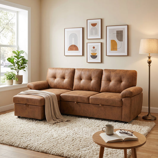 88.5" Convertible L-Shaped Pull-Out Sectional Sofa Bed with Storage Chaise,and Soft and Soft Padded Armrests