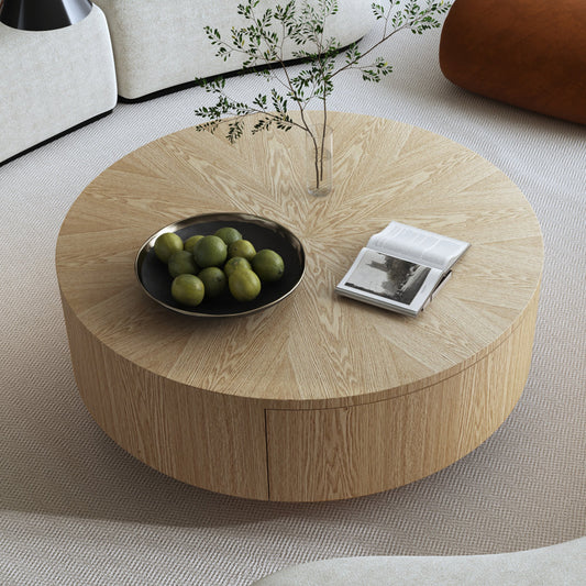 35.4" Round Wood Coffee Table with Storage for Small Spaces, Rustic Cocktail Living Room Table