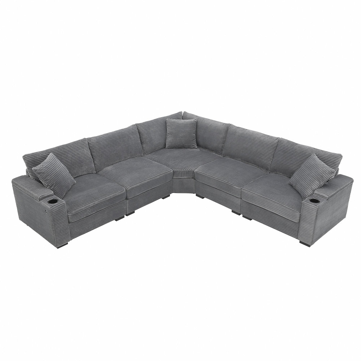 104" Convertible L-Shaped Sectional Sofa, Corduroy Corner Couch with Armrest Storage, Cup Holders, USB Charger, Irregular Corner