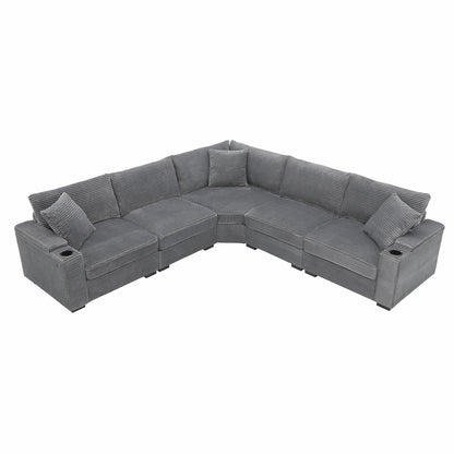 104" Convertible L-Shaped Sectional Sofa, Corduroy Corner Couch with Armrest Storage, Cup Holders, USB Charger, Irregular Corner