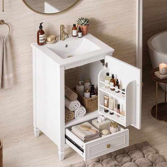 20" Bathroom Vanity with Ceramic Sink, Freestanding Vanity with Storage Cabinet, Storage Rack, Sturdy Construction, Smooth Painted Finish, White