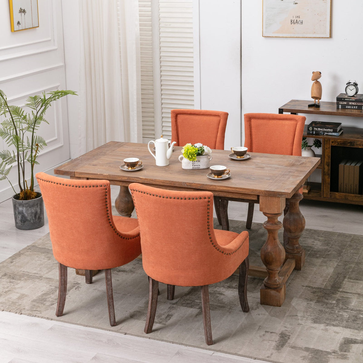 A&A Furniture, Ultra Side Dining Chair, Thickened fabric chairs with neutrally toned solid wood legs, Bronze nail head, Set of 2, Orange