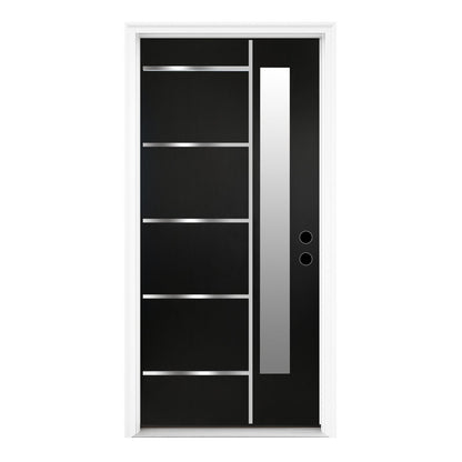 36 x 80 Textured Finished FRP Door, Double-sided Frosted Glass Modern Style for Home's Front Door,Left Hand Inswing Black Fiber Reinforced Panel Door With Metal Strip