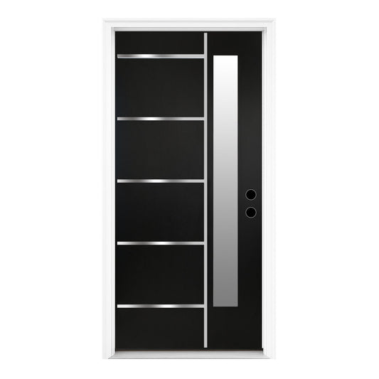 36 x 80 Textured Finished FRP Door, Double-sided Frosted Glass Modern Style for Home's Front Door,Left Hand Inswing Black Fiber Reinforced Panel Door With Metal Strip