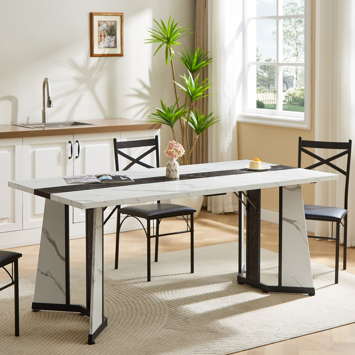70.9"Rectangular Large Dining Table, Marble Grain Waterproof Large Desk for 8 People, Deluxe Family Dining Table with Adjustable Legs for Kitchen,Living Room,Office, White,70.9''W x 35.4''D x 30.3''H