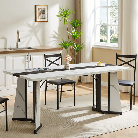 70.9"Rectangular Large Dining Table, Marble Grain Waterproof Large Desk for 8 People, Deluxe Family Dining Table with Adjustable Legs for Kitchen,Living Room,Office, White,70.9''W x 35.4''D x 30.3''H