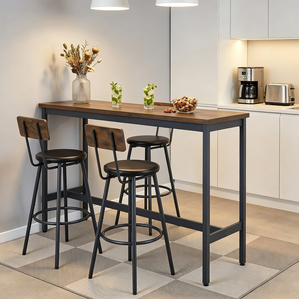 Bar Table and Chairs Set for 3, 4 Piece Industrial Dining Table Set with 3 PU Upholstered Bar Stools, Bar Table Set, Small Space Corner