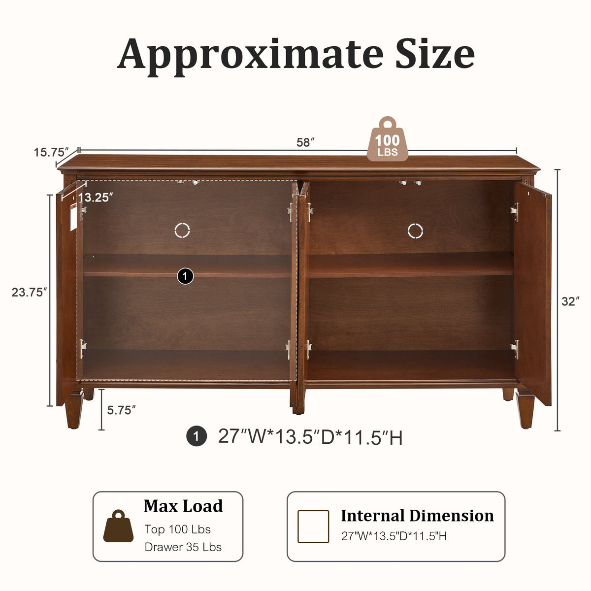 58" Mid Century Modern TV Stand, Wood Storage Cabinet with Carved Geometric Doors, 4 Door Media Console, Sideboard Buffet Cabinet for Living Room, Dining Room, Entryway 
WLRR
