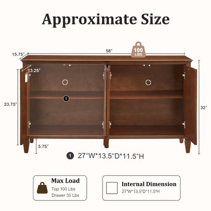 58" Mid Century Modern TV Stand, Wood Storage Cabinet with Carved Geometric Doors, 4 Door Media Console, Sideboard Buffet Cabinet for Living Room, Dining Room, Entryway 
WLRR