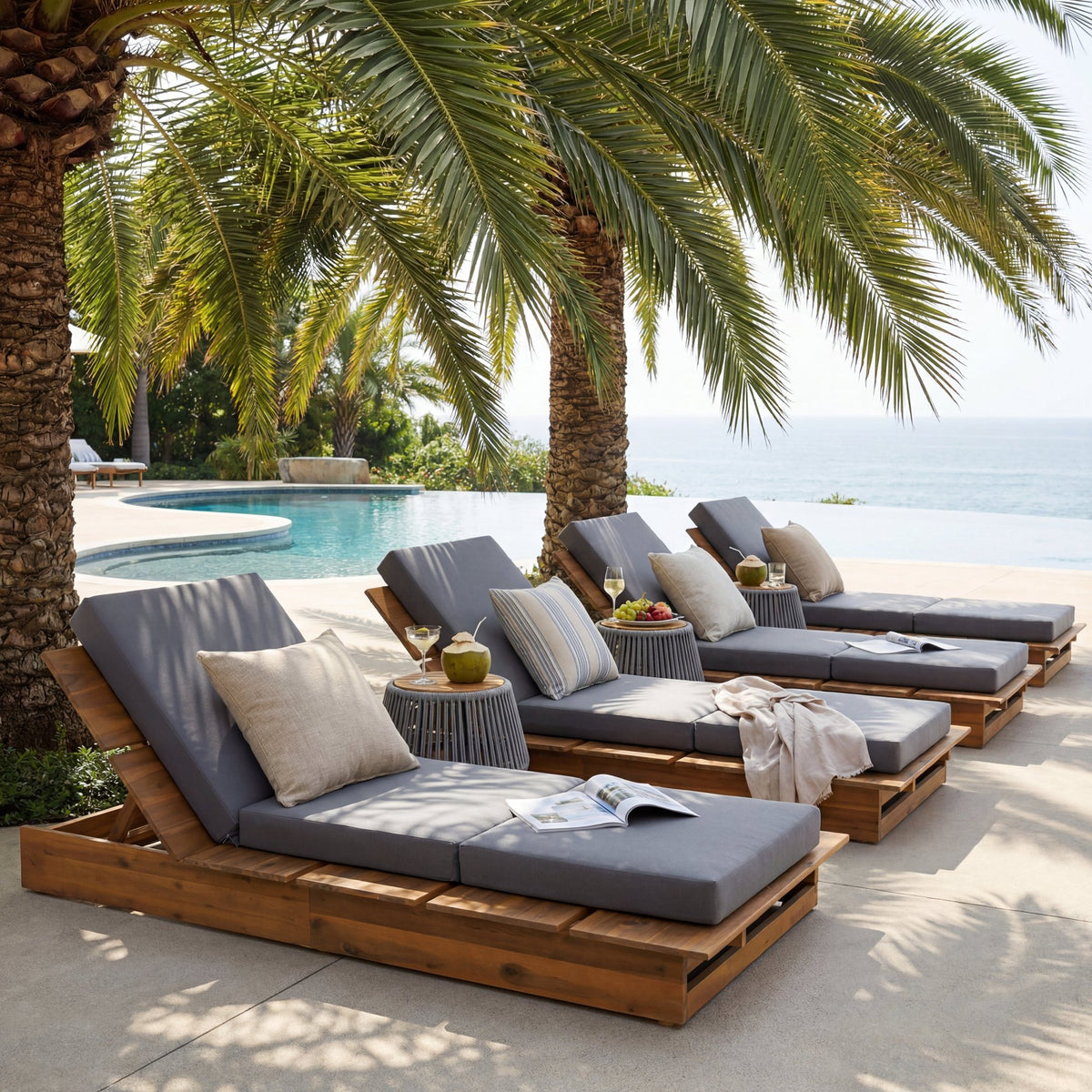 Acacia Wood Chaise Lounge with 4" Thick 3-Fold Dark Gray Movable Cushion – Wide Teak Finish Patio Lounger, 3-Position Recliner, 400 lbs Capacity