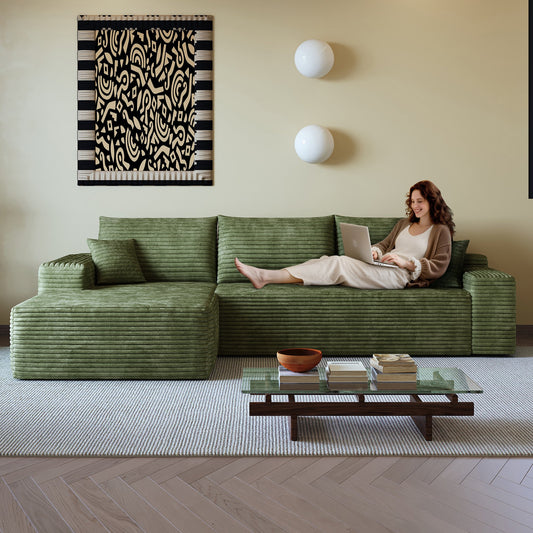 107" Cloud Sectional Couch with L-Shape Chaise,Modern Modular Sofa with Deep Seat, Upholstered Couches for Living Room Bedroom,No Assembly Required, (Plush Corduroy Fabric),Green