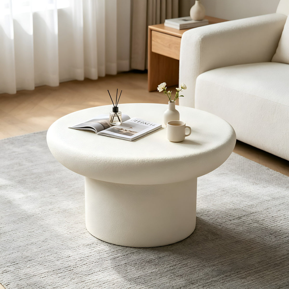 31.50''×31.50''×17.72'' Modern Side Table, Cream Textured Round Mushroom Fiberglass Accent Table for Living Room & Office, No Assembly Required.