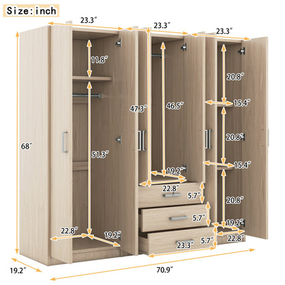 6-Doors Wooden Wardrobe Storage, with Big Drawers, Brown