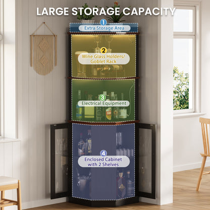 67.3" Corner Bar Cabinet with Power Outlet, Farmhouse Wine Bar Cabinet with Adjustable Shelves for Home,with Lights & Glass Rack for Dining Room, Living Room, Kitchen
