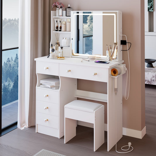 37" Left Drawer Desktop Vanity Table + Cushioned Stool, 2 AC+2 USB Socket, Hair Dryer Stand, Large Touch Control LED Sliding Mirror – Model W3258P448842