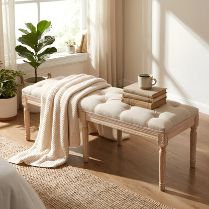 Bedroom Bench, French Vintage Tufted Entryway Bench, 47.2" Carving Upholstered End of Bed Bench with Distressed Wood Legs