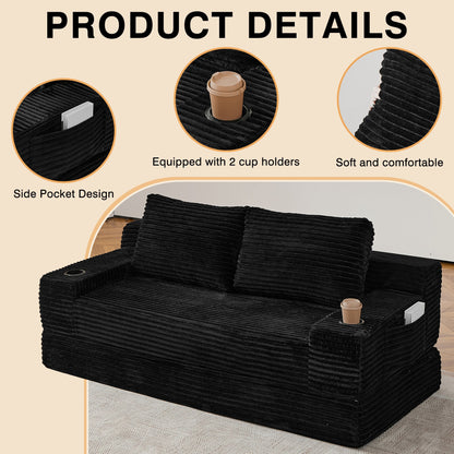 70.8-inch corduroy two-in-one sofa bed, featuring a lounge chair with two throw pillows, built-in cup holders in the armrests, and side storage pockets-ideal for living rooms, bedrooms, and relaxation
