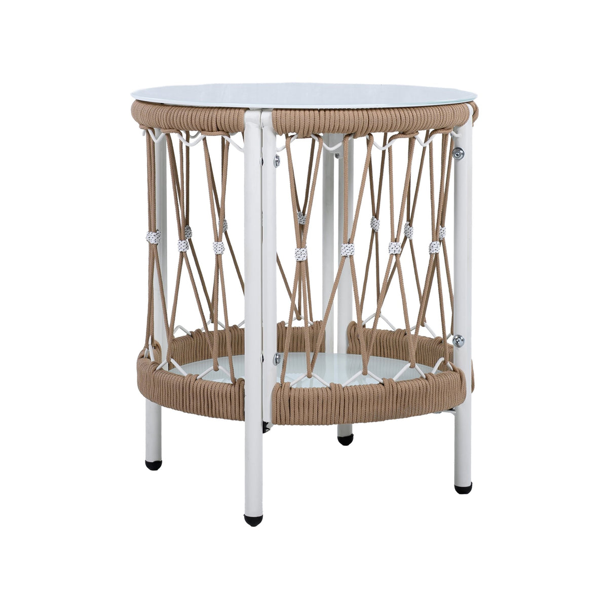 17.32" Bohemian Garden Accent Outdoor Side Table - Handwoven Rope with Powder-Coated Steel Frame, Glass Top