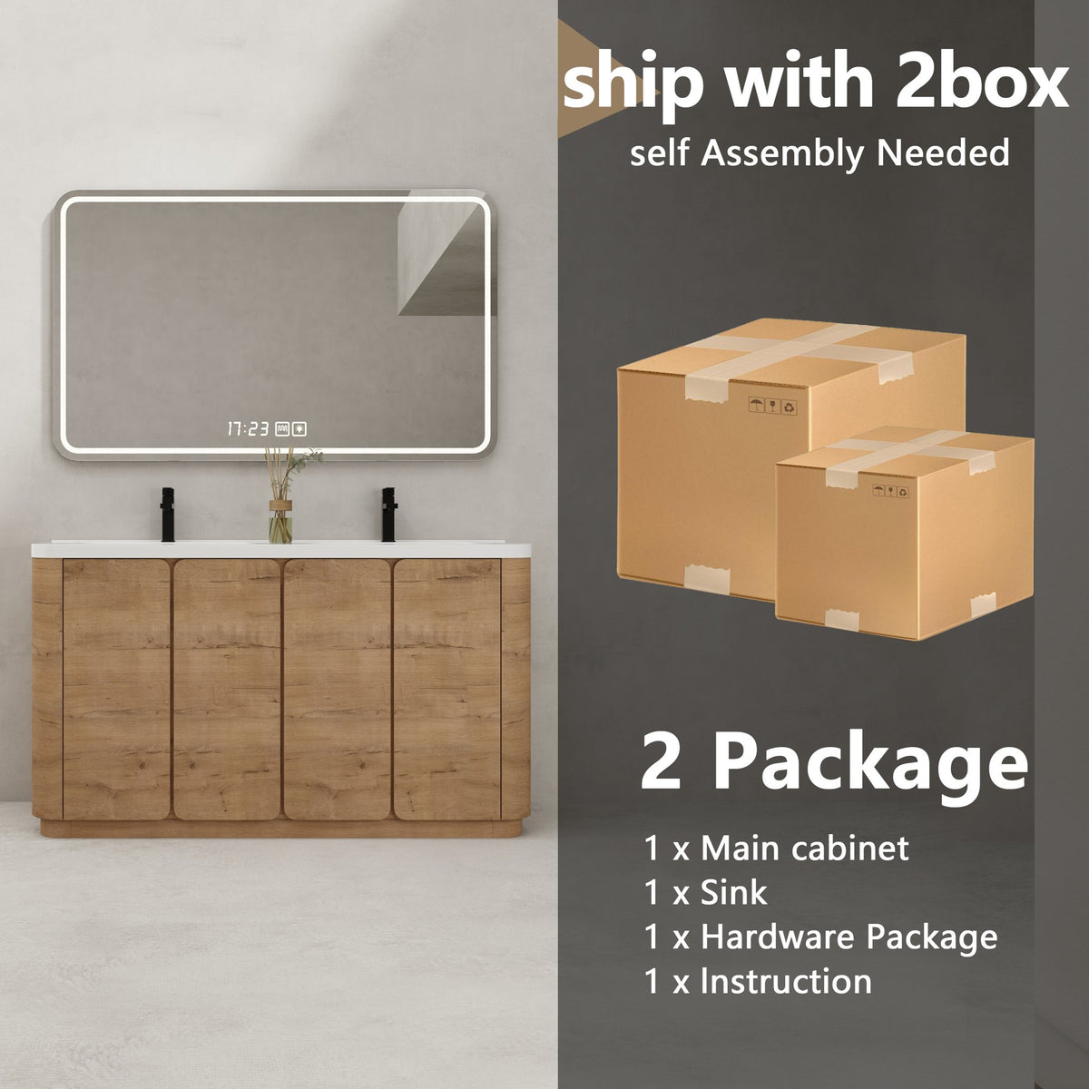 60'' Freestanding Bathroom Vanity with White Resin Sink, 4-Soft-Close Door, KD-Packing, Plywood, Imitative Oak