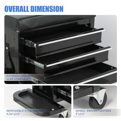 3-Drawer Tool Chest Rolling Mechanic Seat with Tool Trays, 350lbs Max Weight Capacity, Black