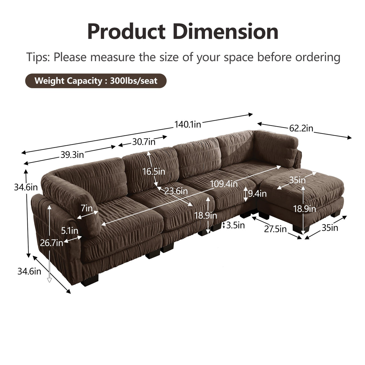 4 Seat Ruched Detailing Chenille Modular Sectional Sofa,Movable Ottoman,High-Density Foam,L Shape Thickened  Back Cushions,Easy Assembly,For Living Room,Bedroom,Brown