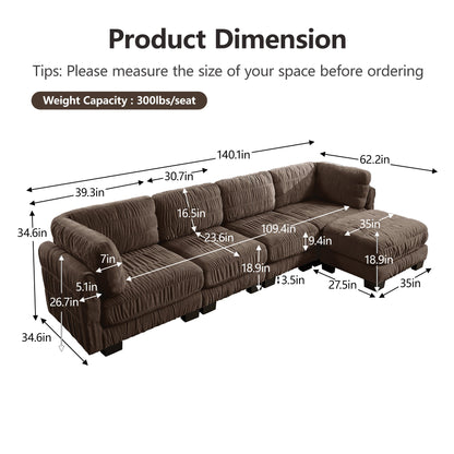 4 Seat Ruched Detailing Chenille Modular Sectional Sofa,Movable Ottoman,High-Density Foam,L Shape Thickened  Back Cushions,Easy Assembly,For Living Room,Bedroom,Brown