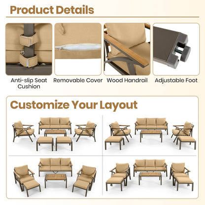 6-Piece Outdoor Patio Furniture Set, Steel Frame Sofa Set with 3-Seat Couch, 2 Armchairs, 2 Ottomans & Acacia Wood Coffee Table, Cushioned Seating for Backyard, Garden, Poolside, Brown Cushion