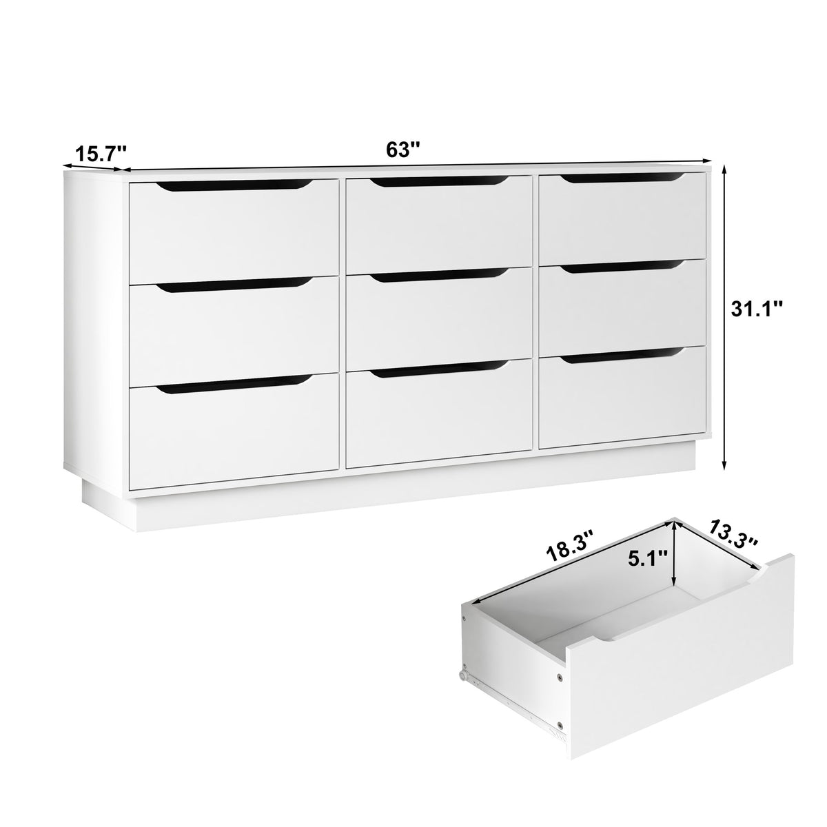 9 Drawer Dresser for Bedroom with Deep Drawers, Large Floor Wood Dressers & Chest of Drawers , Modern White Long Dressers for Closet Living Room