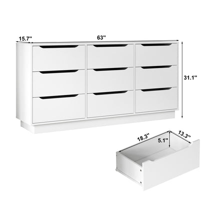 9 Drawer Dresser for Bedroom with Deep Drawers, Large Floor Wood Dressers & Chest of Drawers , Modern White Long Dressers for Closet Living Room