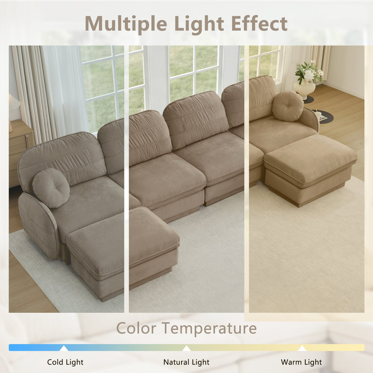 105'Chenille Cloud 3-Seater Sofa,Exquisite round pillows and quilted back cushions,Recessed Base Frame Legs,Ergonomic Design Bottom,Easy Assembly,Deep Seat Sofa Couch For Living Room,Light coffee