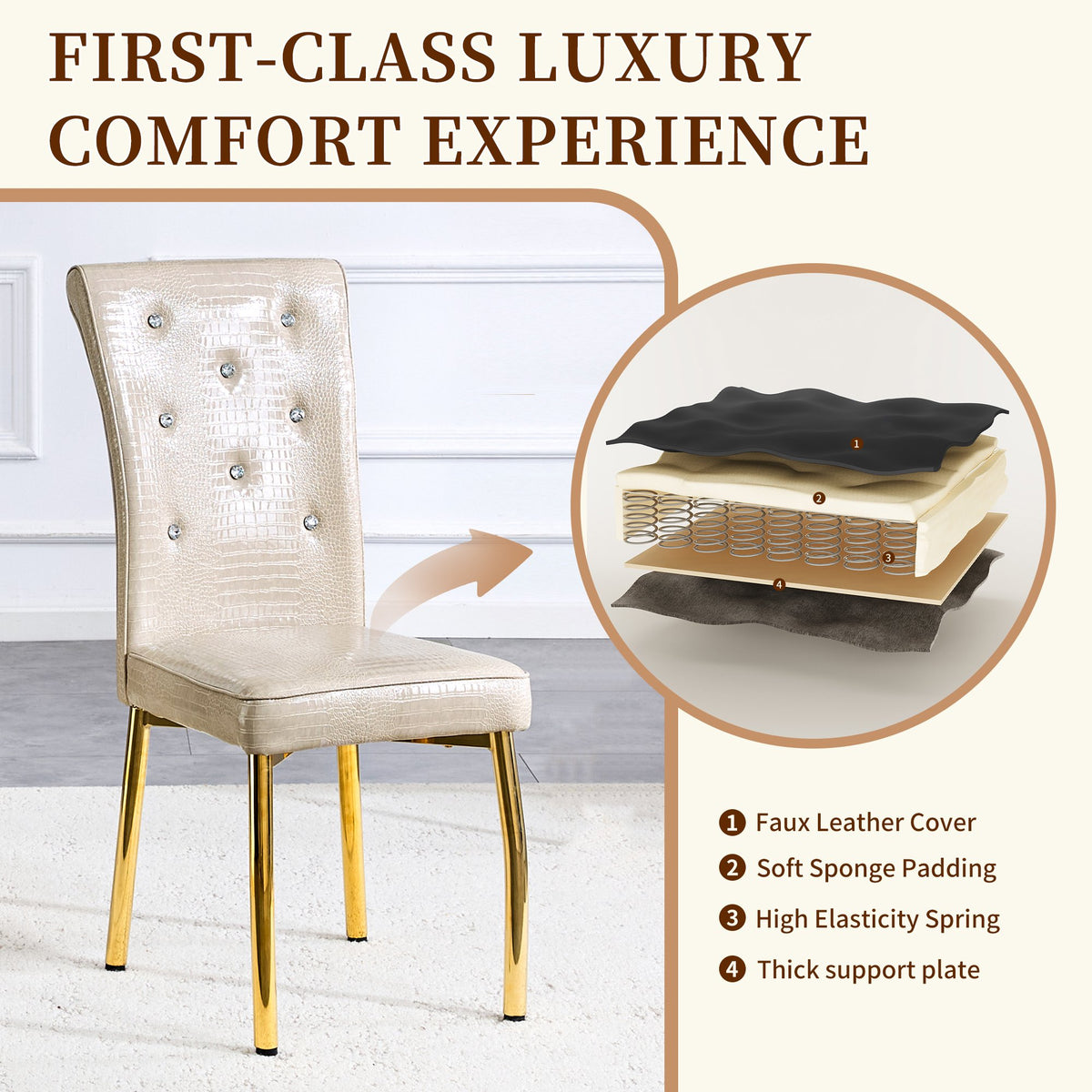A set of 2 beige and gold vintage crocodile leather cushioned dining chairs, featuring crystal clasp design and artificial leather design, adding a touch of elegance and mystery to the dining area