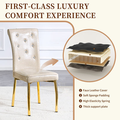 A set of 2 beige and gold vintage crocodile leather cushioned dining chairs, featuring crystal clasp design and artificial leather design, adding a touch of elegance and mystery to the dining area