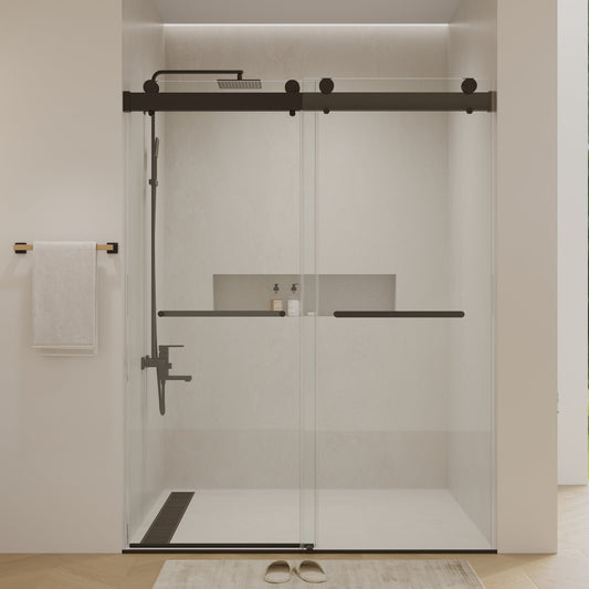 56 to 60 in. W x 76 in. H Double Sliding Frameless Soft-Close Shower Door with Premium 3/8 Inch (10mm) Thick Tampered Glass and Easy-cleaning Coating, Matte Black CM-23D02-60MB