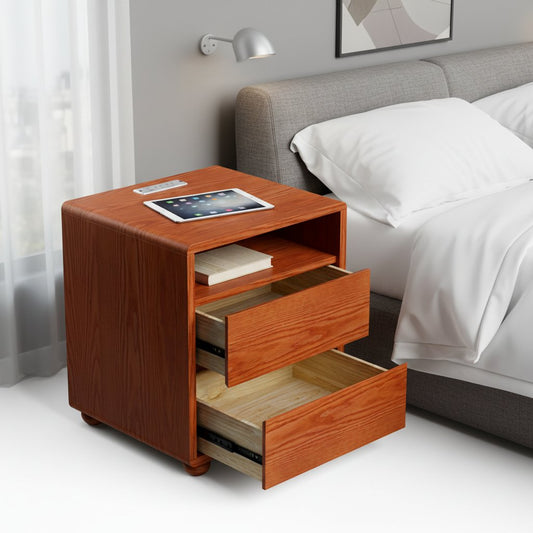20"Modern Nightstand with 2 Drawers And Shelves Solid Wood Night Stand with Charger Station Mid Century Bedside Table Curved Wood Side Table-Walnut