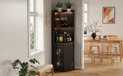 67.3" Corner Bar Cabinet with Power Outlet, Farmhouse Wine Bar Cabinet with Adjustable Shelves for Home,with Lights & Glass Rack for Dining Room, Living Room, Kitchen