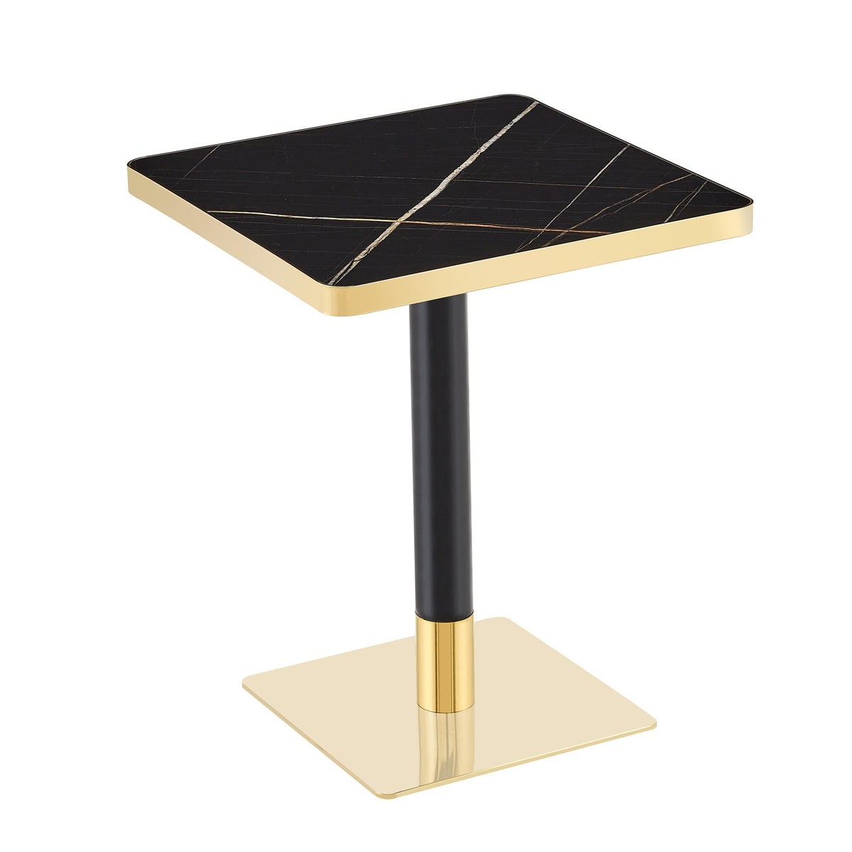24" Square Faux Black Marble Bistro Table, 28.8" High Modern Dining Table with High Gloss UV Finish & Gold Metal Trim Edge, Heavy-Duty Stainless Steel Base Frame for Small Spaces, Cafe, Kitchen, Bistr