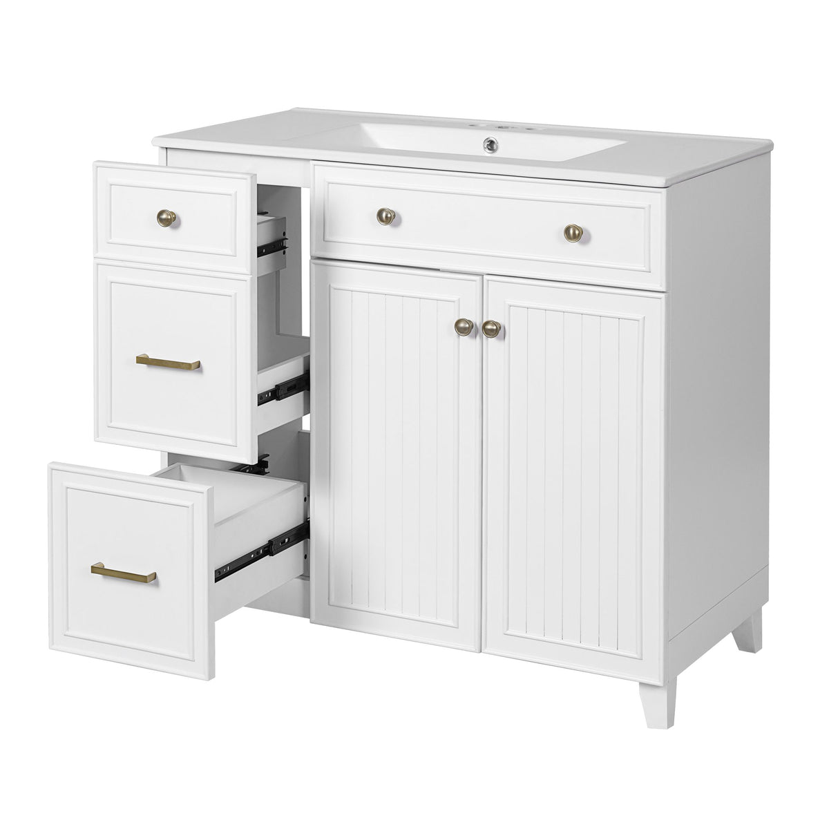 36" Modern Bathroom Vanity with Ceramic Sink, Soft Close Doors, Adjustable Shelves, Solid Wood Frame+MDF