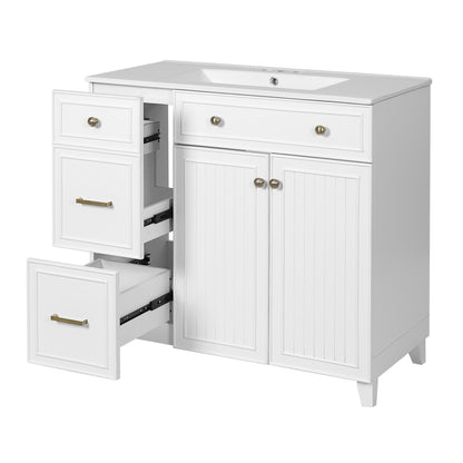 36" Modern Bathroom Vanity with Ceramic Sink, Soft Close Doors, Adjustable Shelves, Solid Wood Frame+MDF