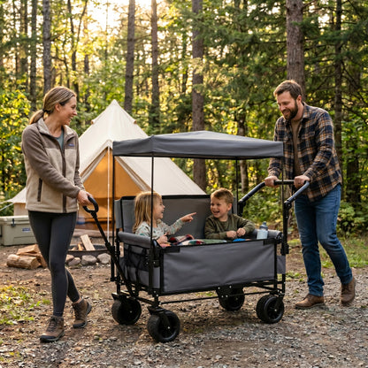 3-in-1 Folding Wagon Cart with Bench Seat & Canopy & Storage, 500lbs Heavy-Duty, 180L Capacity, All-Terrain Wagon for Camping, Beach, Sports, & Garden, Gray