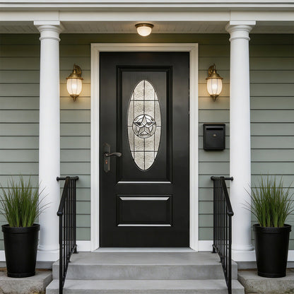 36"x80" Fiberglass Front Door with White 4-9/16" PVC Frame,Right-Hand Inswing Exterior Door with Brickmould,Brushed Smooth skin with Oval Decorated glass for Home Entrance, Black