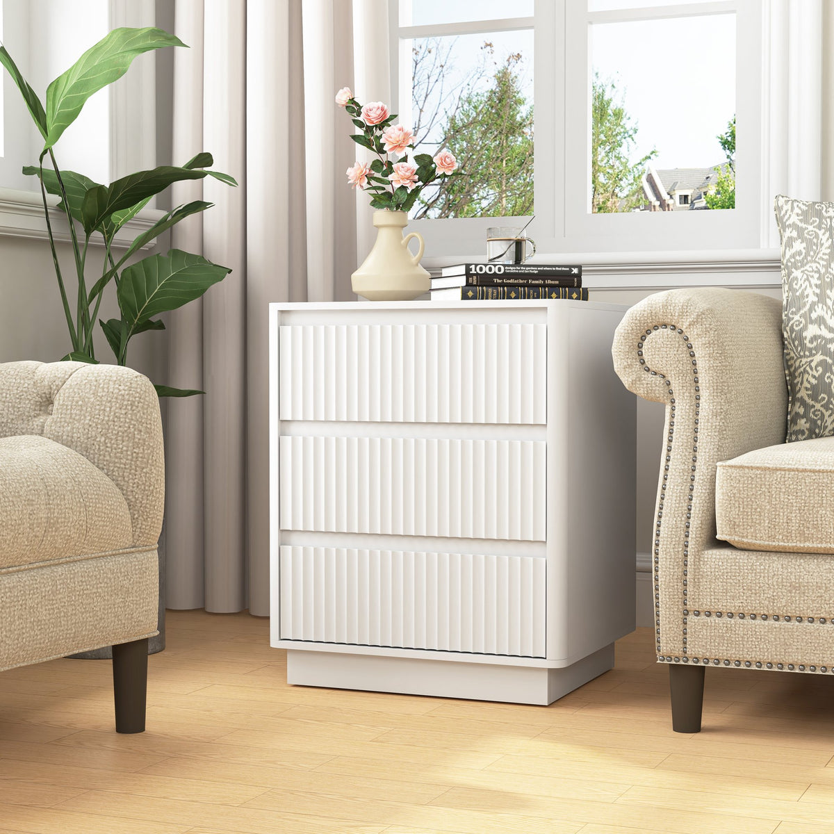 (Set of 2)End Table with Fast USB C Charging Station, Sofa Side Table with 3Drawers, Large Storage Modern Wood Storage Cabinet, White