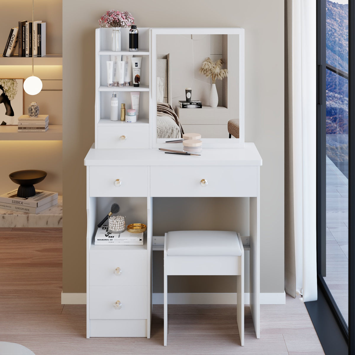 29.2" Small Space Left Drawer Desktop Vanity Table + Cushioned Stool, Extra Large Right sliding mirror, Multi Layer High Capacity Storage – Model W3258P299609