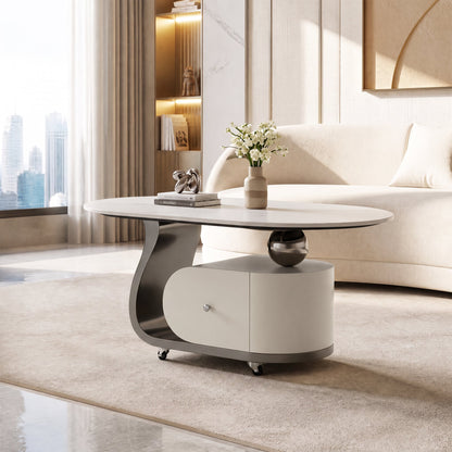 39.4" Sintered Stone End table with Drawer, Stainless Steel Base & 4 Lockable Casters, Modern Mobile Oval Coffee Table for Living Room, Easy Assembly (Gray)
