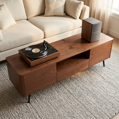 70.8-inch walnut TV stand, suitable for televisions up to 85 inches, featuring enclosed storage and cable management, soft-close hinges and iron legs, ideal for the living room RR