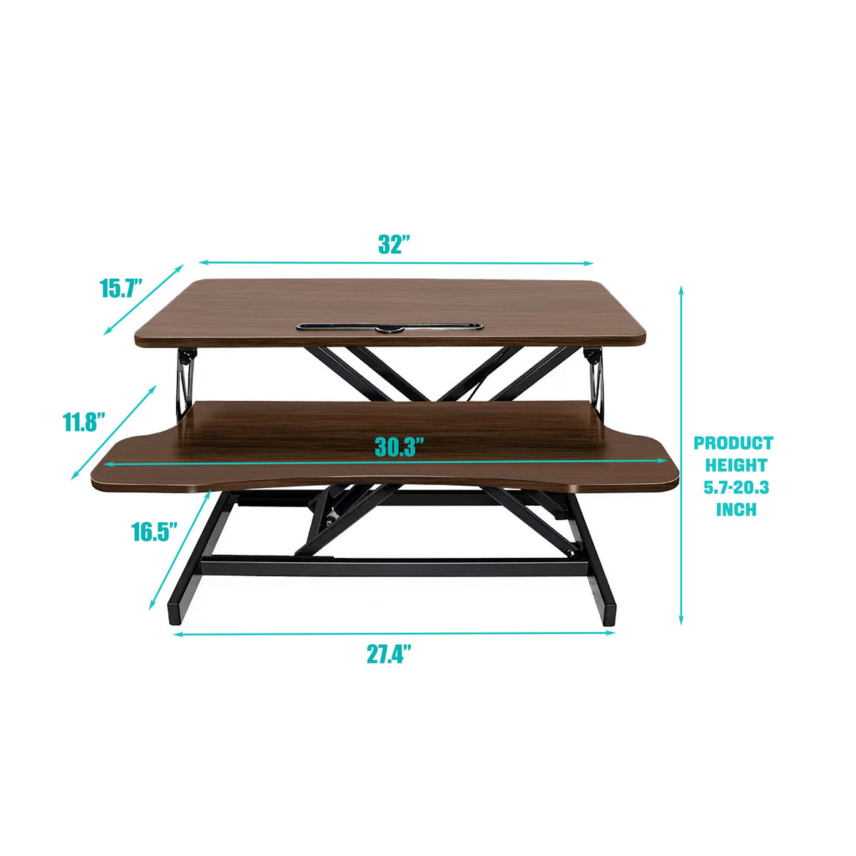 32 Inch Desk Converter, Height Adjustable Sit to Stand Riser, Dual Monitor and Laptop Workstation with Wide Keyboard Tray, Walnut Color