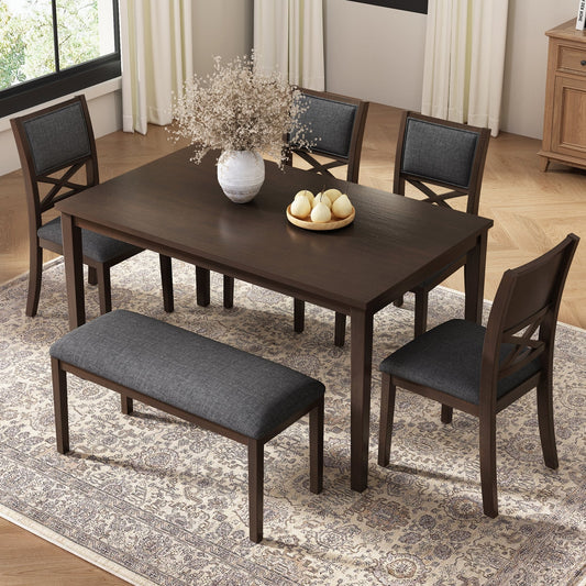 6-Piece Dining Room Table Set, Wooden Kitchen Table Set with 4 Upholstered Cross Back Chairs and Bench, Solid Rubberwood Legs & Linen-Look Cushioned Seats for Kitchen, Walnut + Gray Cushion