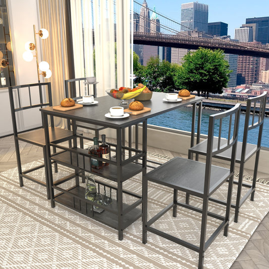 5 Piece Rectangular Dining Table Set with 4 Chairs, Industrial Kitchen Table with 2-Tier Side Storage Shelves, Wood Grain Metal Frame Dinner Furniture for Small Apartment Dining Room