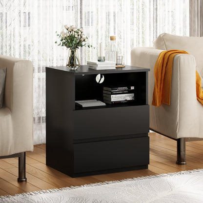 (Set of 2)End Table with Fast USB C Charging Station, Sofa Side Table with 2 Drawers, Large Storage Modern Wood Storage Cabinet, Black