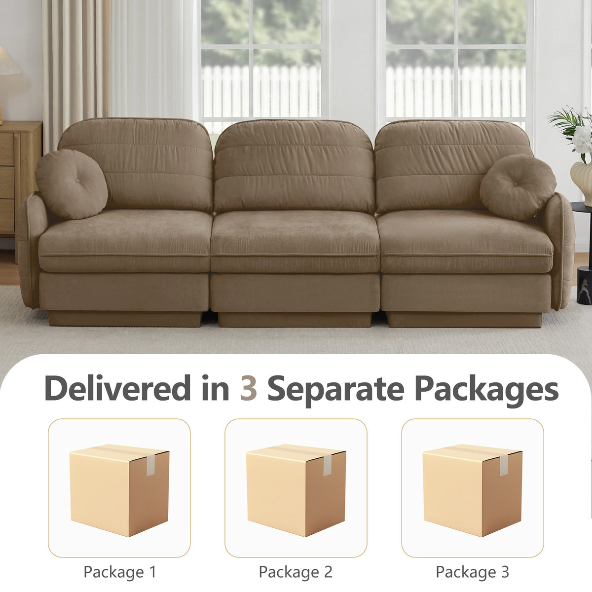 105'Chenille Cloud 3-Seater Sofa,Exquisite round pillows and quilted back cushions,Recessed Base Frame Legs,Ergonomic Design Bottom,Easy Assembly,Deep Seat Sofa Couch For Living Room,Light coffee