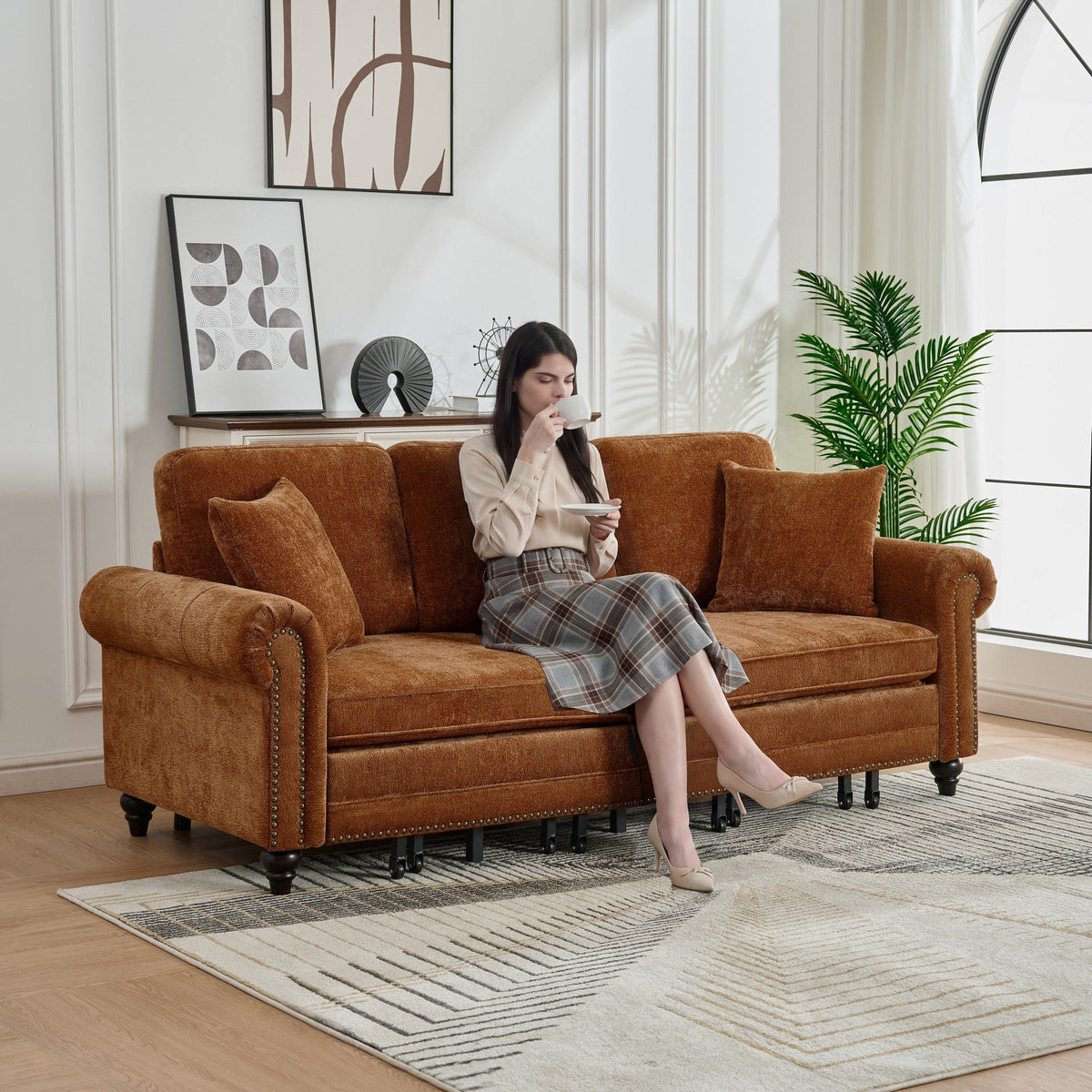 86" King Pull Out Sofa Bed, 3 in 1 Convertible Sleeper Sofa,Modern 3 Seat Couch with Nailhead Trim & Rolled Arm for Living Room, Apartment, Office, Caramel Chenille